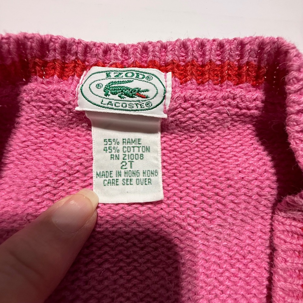 Vintage Izod Lacoste Pink Cardigan Sweater Kids 2T Striped Cable Knit Alligator - Picture 3 of 4